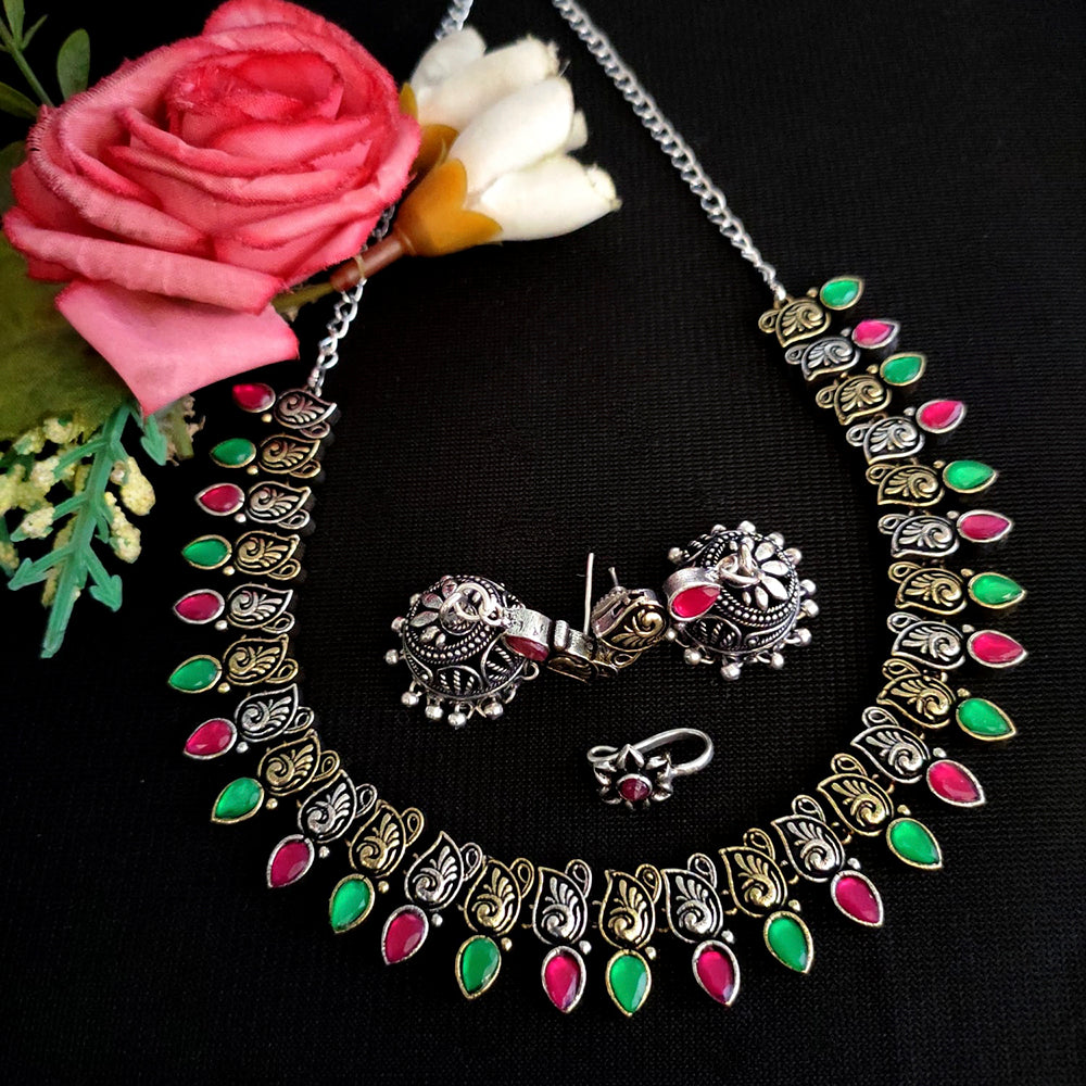 Vaamika Oxidised Plated Dual-Tone Stone Necklace set with Earrings and Nosepin