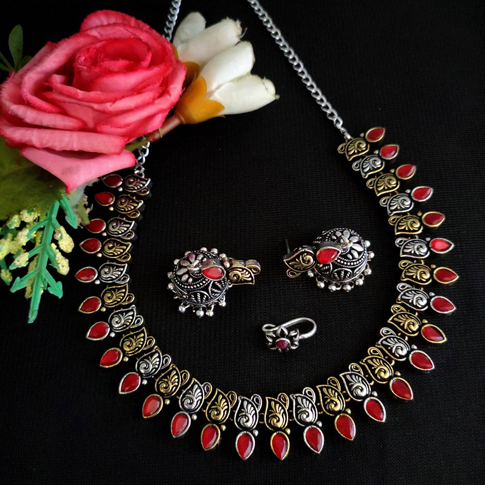 Vaamika Oxidised Plated Dual-Tone Stone Necklace set with Earrings and Nosepin
