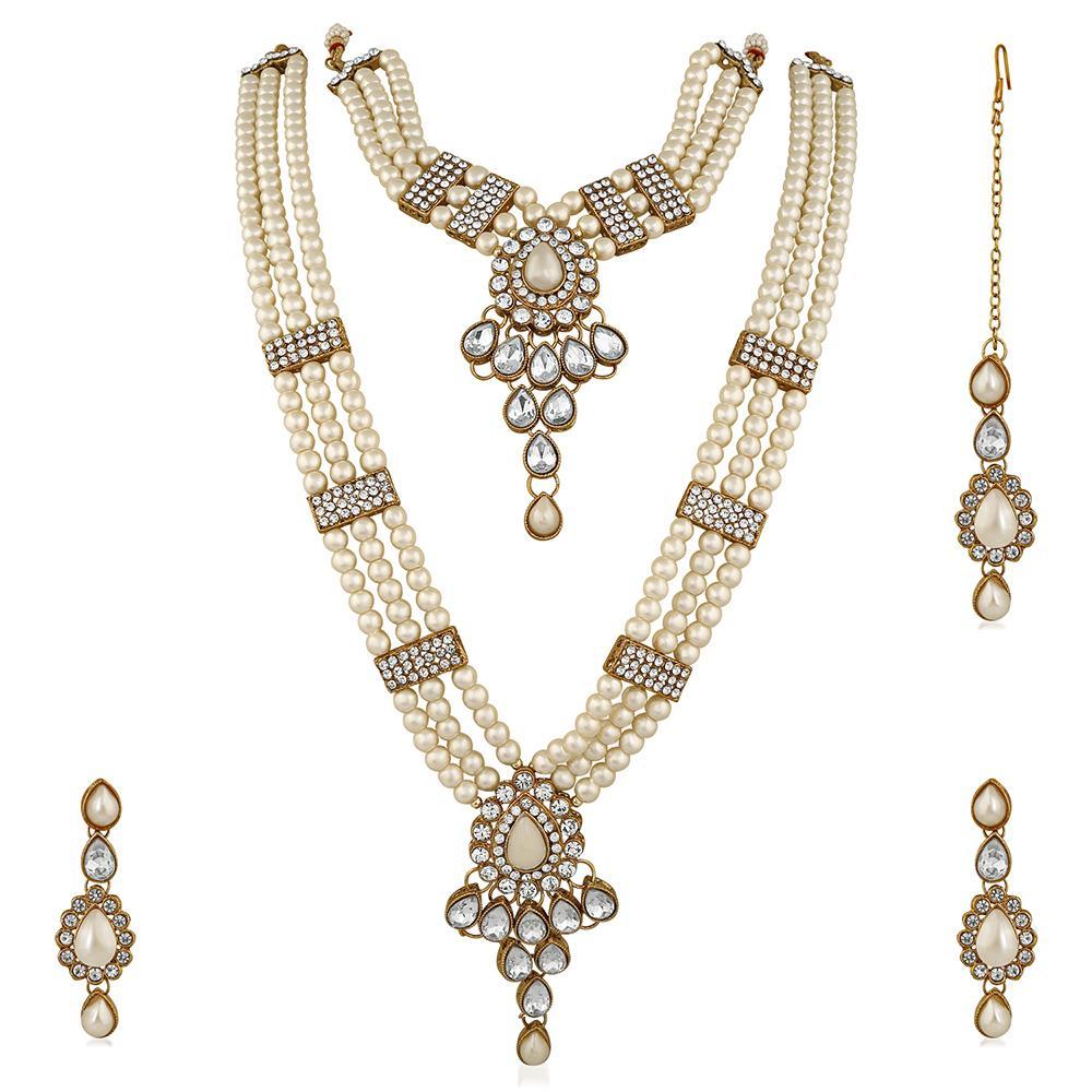 Mahi Ethnic Gold Plated White Kundan Necklace Earring & Maangtikka For Women (VNCJ100158Wht)