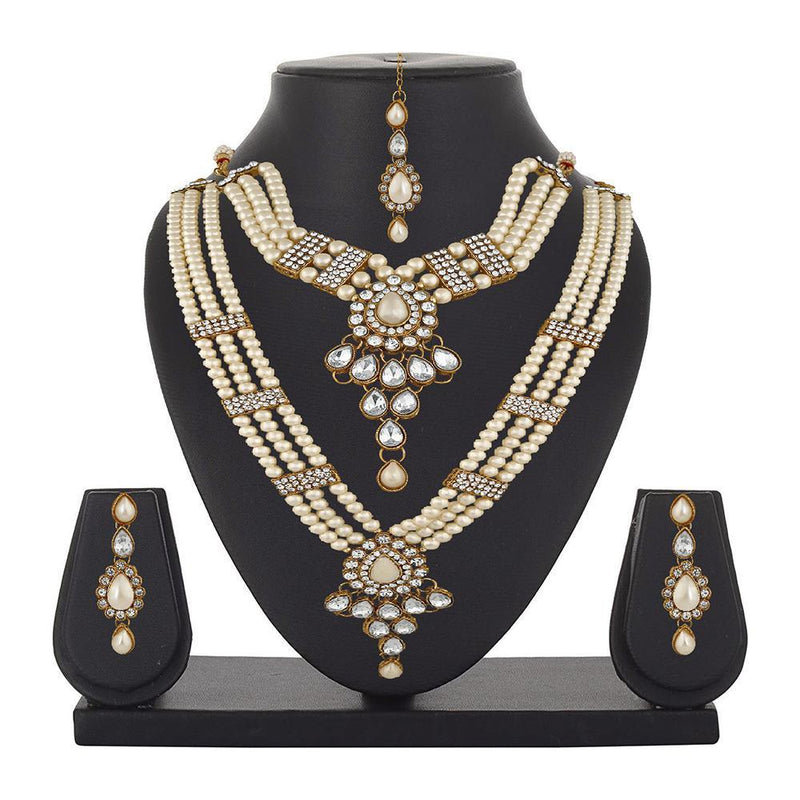 Mahi Ethnic Gold Plated White Kundan Necklace Earring & Maangtikka For Women (VNCJ100158Wht)