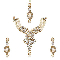 Mahi Ethnic Gold Plated White Kundan Necklace Earring & Maangtikka For Women (VNCJ100158Wht)