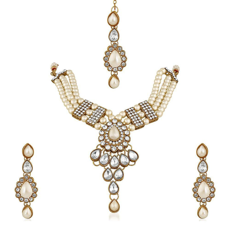 Mahi Ethnic Gold Plated White Kundan Necklace Earring & Maangtikka For Women (VNCJ100158Wht)