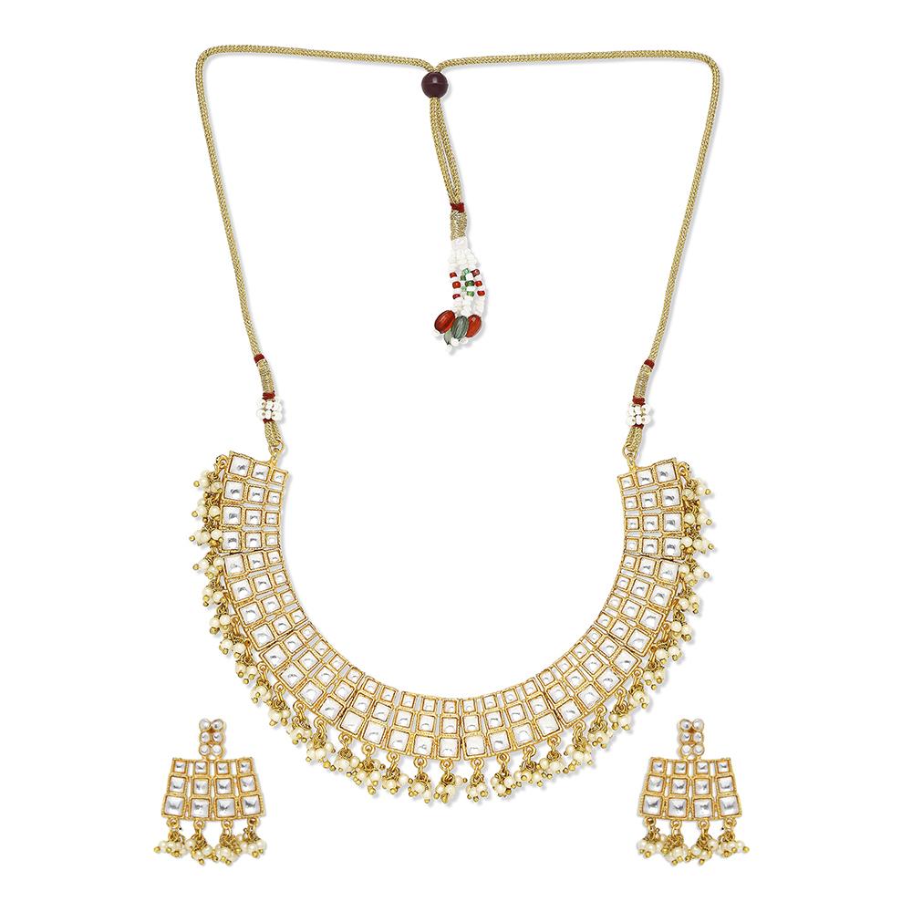 Mahi Traditional Ehtnic White Kundan Squares Choker Necklace Set for Women (VNCJ100210)