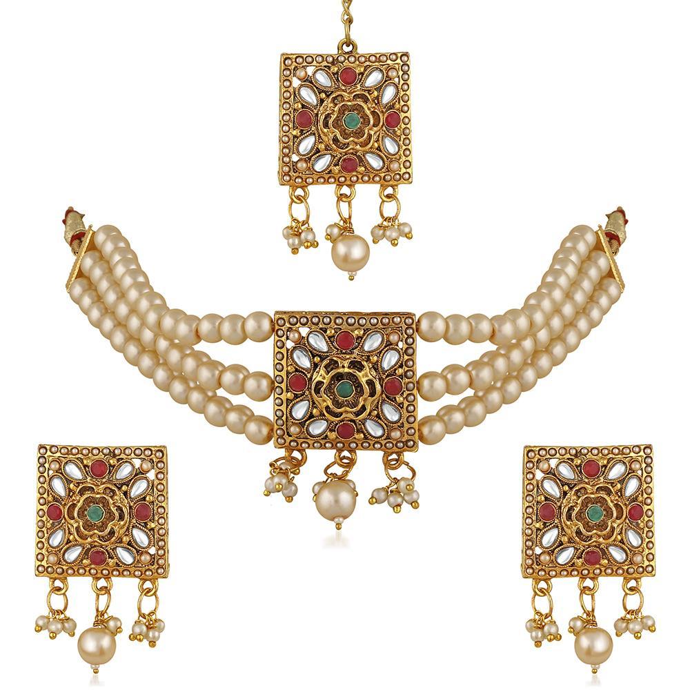 Mahi White Kundan & Artificial Pearl Traditional Choker Necklace Earring & Maangtikka Set For Women (VNCJ100248)