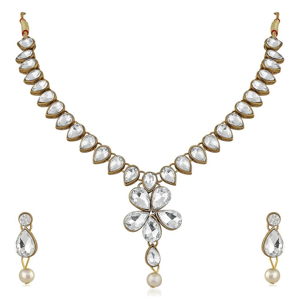 Mahi Traditional Jewellery Kundan and Artificial Pearl Necklace Set with Earrings for Women (VNCJ100250WHT)