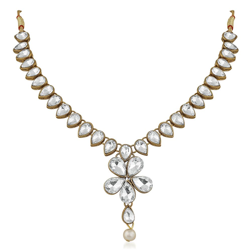 Mahi Traditional Jewellery Kundan and Artificial Pearl Necklace Set with Earrings for Women (VNCJ100250WHT)