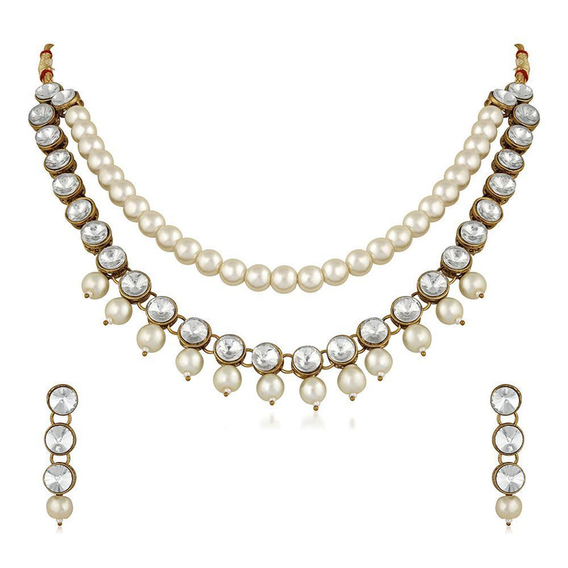 Mahi Traditional Jewellery Kundan and Artificial Pearl Layered Necklace Set with Earrings for Women (VNCJ100251WHT)