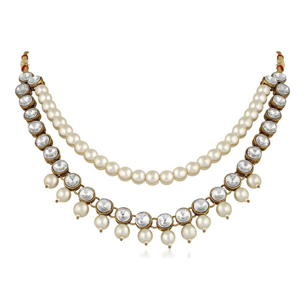 Mahi Traditional Jewellery Kundan and Artificial Pearl Layered Necklace Set with Earrings for Women (VNCJ100251WHT)