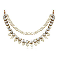 Mahi Traditional Jewellery Kundan and Artificial Pearl Layered Necklace Set with Earrings for Women (VNCJ100251WHT)