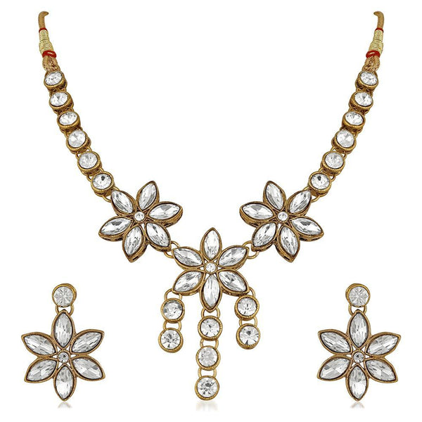 Mahi Traditional Jewellery Kundan and Artificial Pearl Floral Necklace Set with Earrings for Women (VNCJ100252WHT)