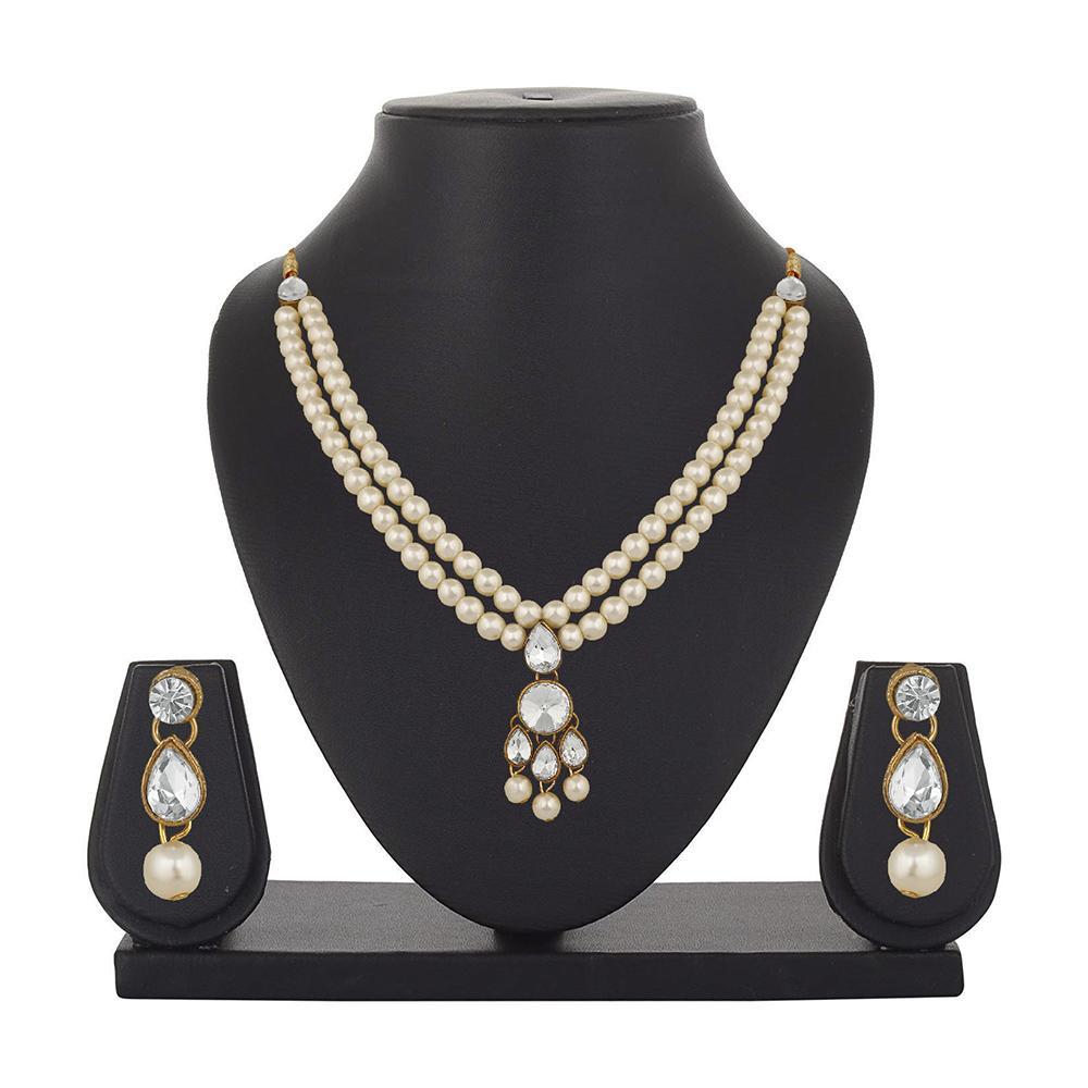 Mahi Traditional Jewellery Kundan and Artificial Pearl Layered Necklace Set with Earrings for Women (VNCJ100254WHT)