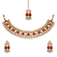 Mahi Red Kundan & Artificial Pearl Traditional Choker Necklace Earring & Maangtikka Set For Women (VNCJ100257RED)