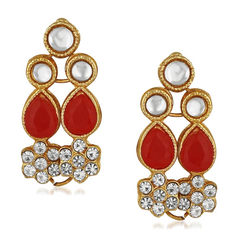 Mahi Red Kundan & Artificial Pearl Traditional Choker Necklace Earring & Maangtikka Set For Women (VNCJ100257RED)