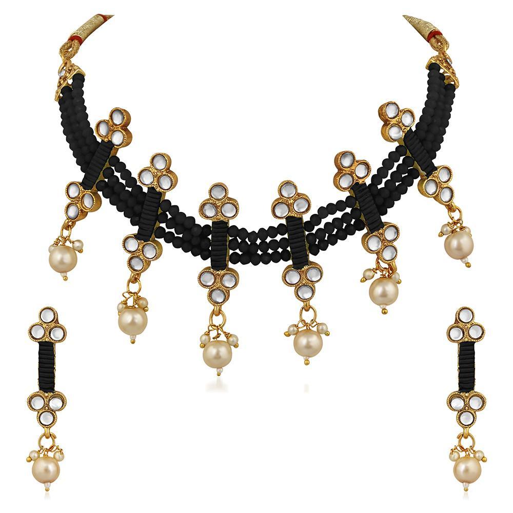 Mahi Traditional Floral Kundan & Black Beads Layered Choker Necklace Jewellery Set for Women (VNCJ100261BLK)