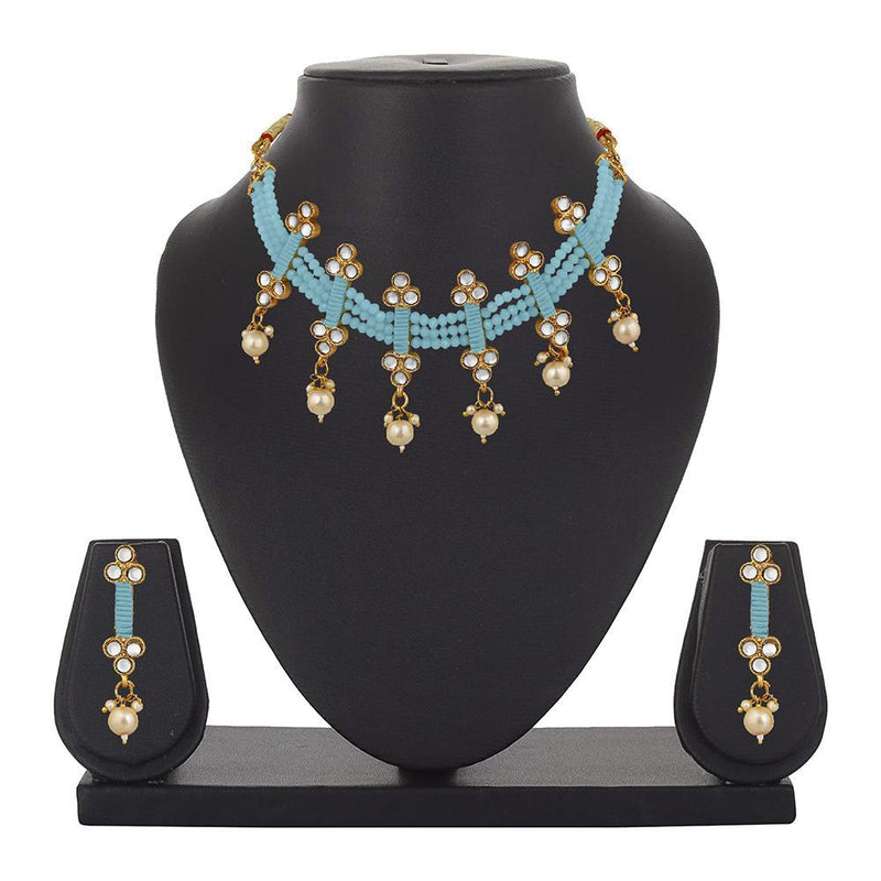 Mahi Traditional Floral Kundan & Blue Beads Layered Choker Necklace Jewellery Set for Women (VNCJ100261BLU)