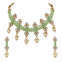 Mahi Traditional Floral Kundan & Green Beads Layered Choker Necklace Jewellery Set for Women (VNCJ100261GRN)