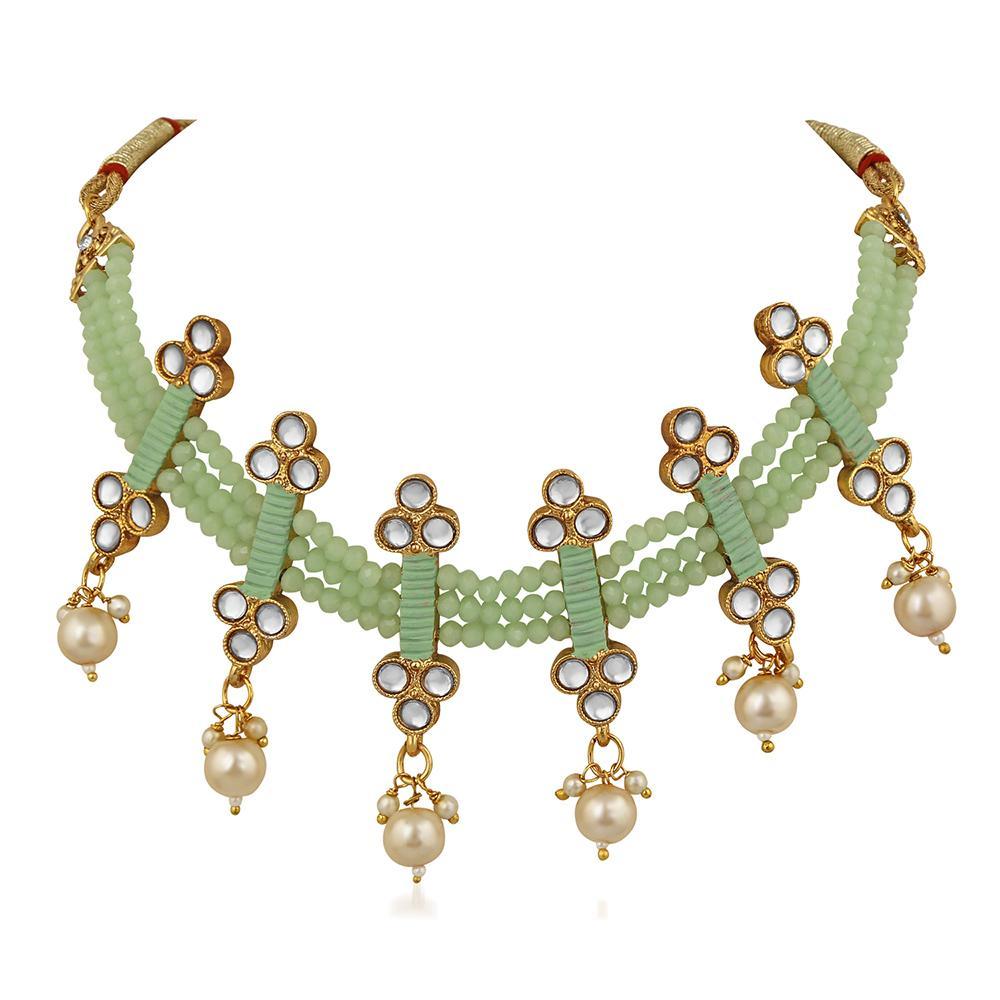 Mahi Traditional Floral Kundan & Green Beads Layered Choker Necklace Jewellery Set for Women (VNCJ100261GRN)