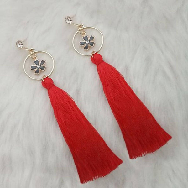 Tip Top Fashions Red Thread Gold Plated Floral Design Tassel Earrings