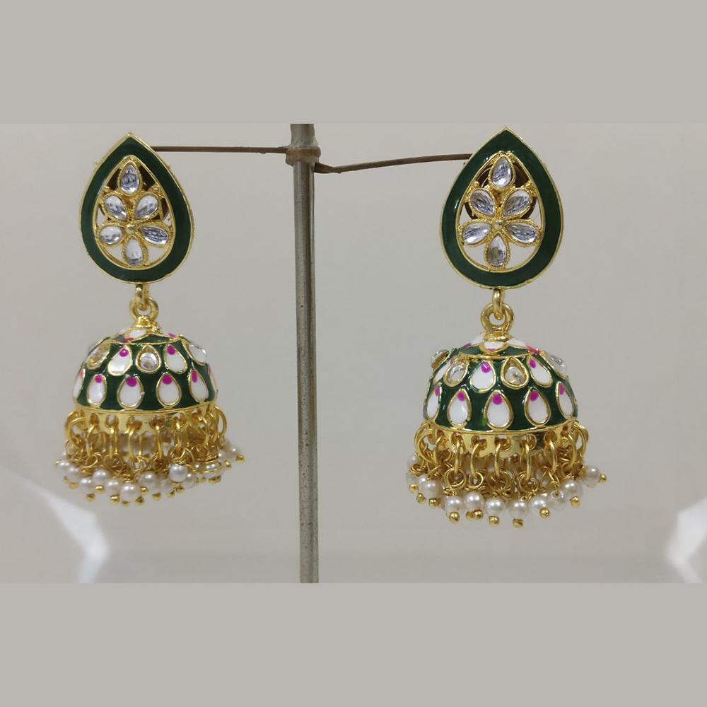 Midas Touch Gold Plated Dark Green Meenakari And Kundan Jhumki Earrings - Z0125