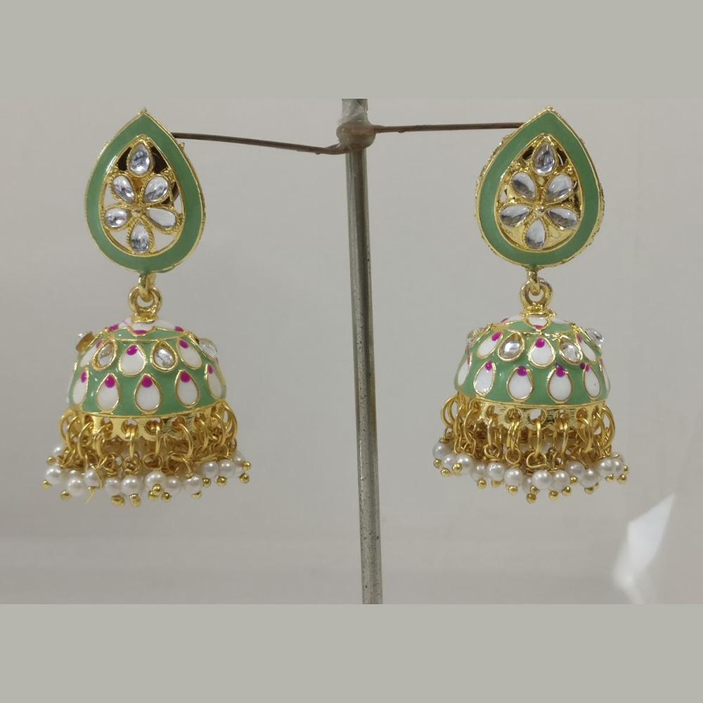 Midas Touch Gold Plated Dark Green Meenakari And Kundan Jhumki Earrings - Z0125