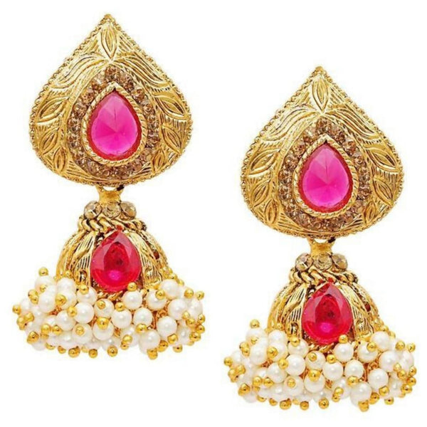 Tip Top Fashions Pink Austrian Stone Pearl Gold Plated Jhumki Earring